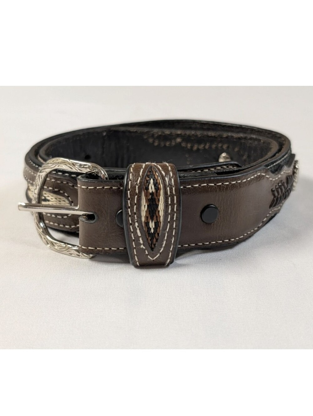 Nocona Belt Size 28 Brown Black Leather Western Woven Aztec Inlay Silver Concho